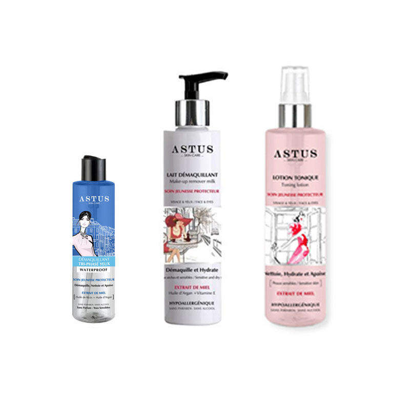 Coffret ASTUS Lait Démaquillant + Lotion Tonique + Démaquillant Triphasé Yeux 50 ml