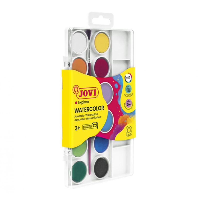 Box De 12 Aquarelle Pastilles 22 mm JOVI Avec Pinceau - Couleurs Assortis