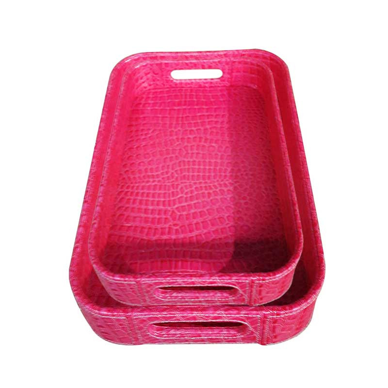 Set de 2 plateaux rectangulaires en cuir croco Fushia