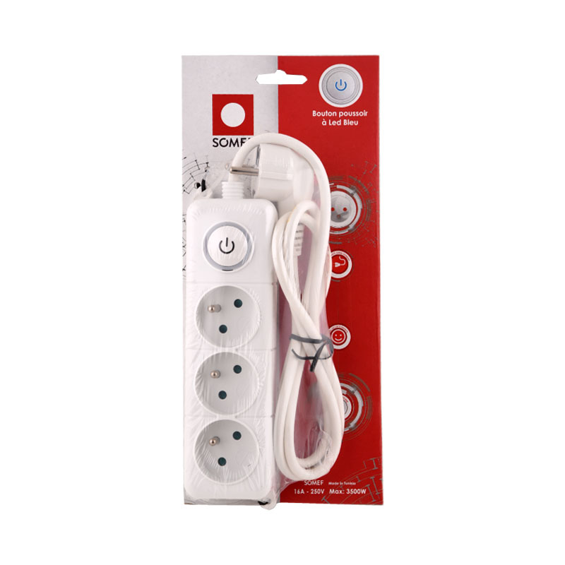 Bloc Multiprise SOMEF 3 Modules Avec Bouton poussoir 1.4 M - Blanc