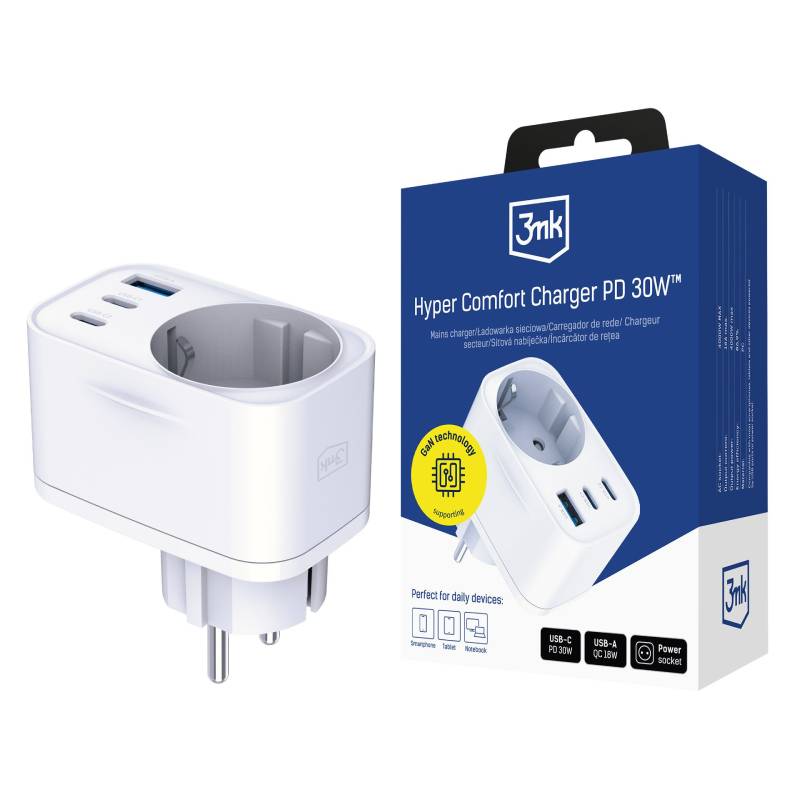 Chargeur 3MK PD 30W Avec USB-A/USB-C - Blanc