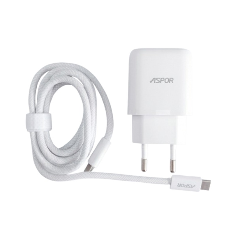 Chargeur ASPOR Fast 20W Avec 2 PORTS USB-A/USB-C Avec Cable Type-C  - Blanc