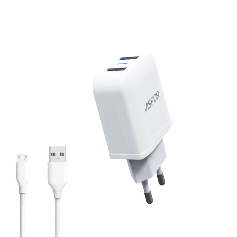 Chargeur ASPOR USB Et Cable Micro-USB 12W Avec 2 Ports - Blanc