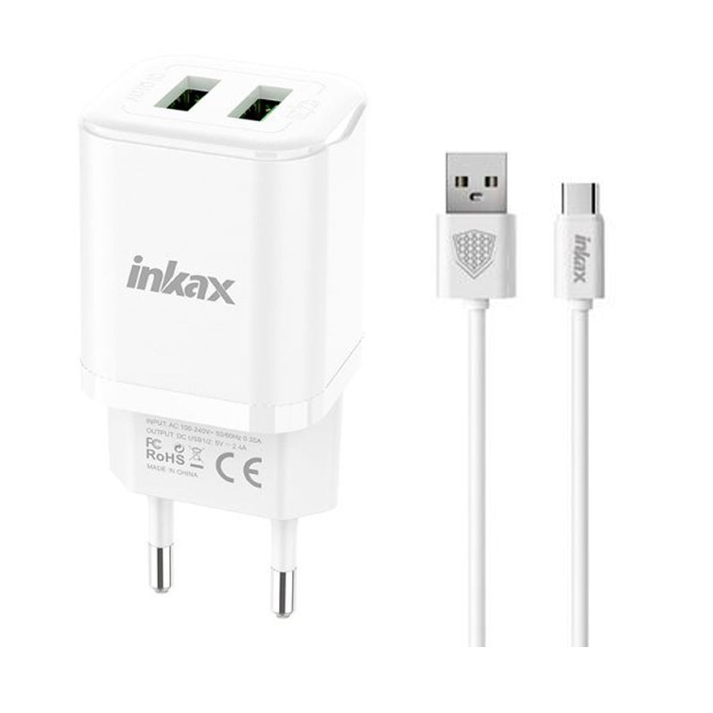 Chargeur Double Ports INKAX HC-02 Avec Câble Type-C - Blanc