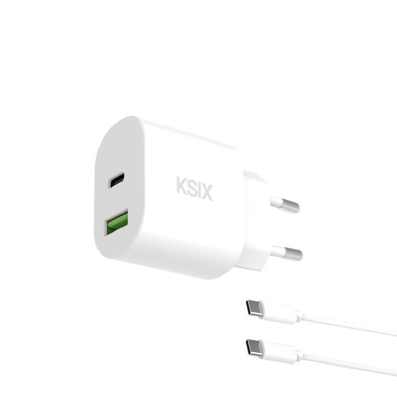 Chargeur KSIX PD 30W Avec 2 Ports USB-C Et USB-A + Câble Type C - Blanc