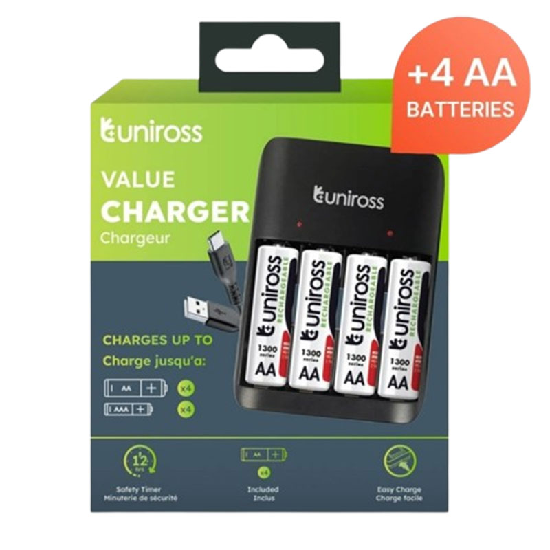 Chargeur Piles UNIROSS Value Pour AA AAA + 4 Piles AA 1300mAh