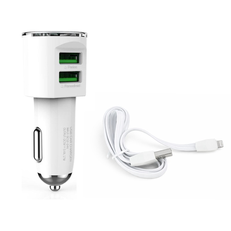 Chargeur Voiture Avec 2 Ports USB et Cable Lightning - Blanc