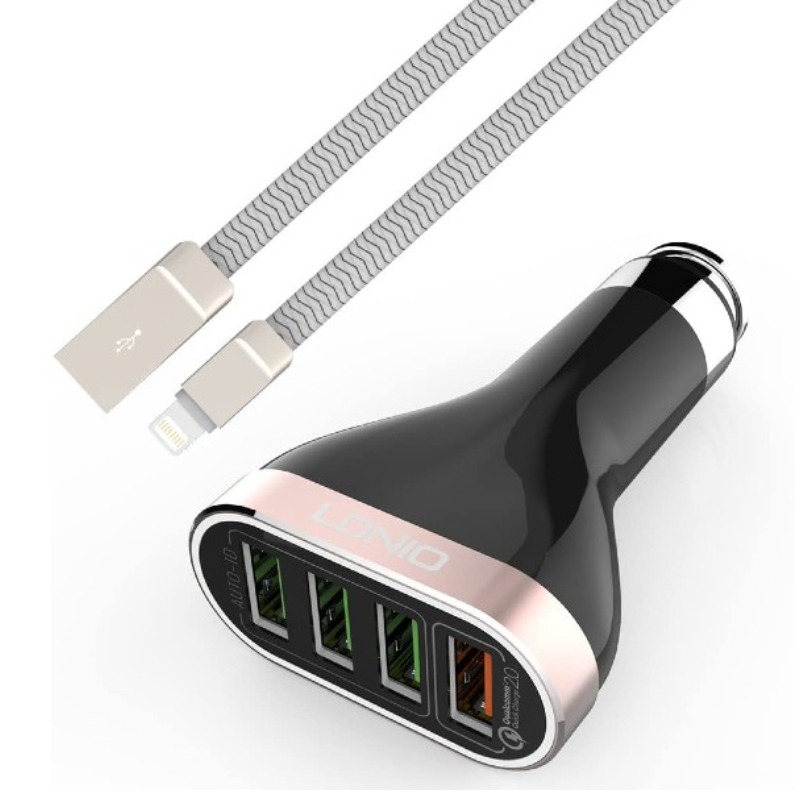 Chargeur Voiture LDNIO Avec 4 Ports USB Et Cable Lightninig - Noir