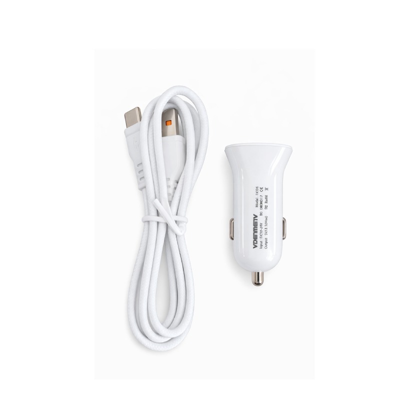 Chargeur Voiture VDENMENV 2 Ports USB Avec Cable TYPE-C - Blanc