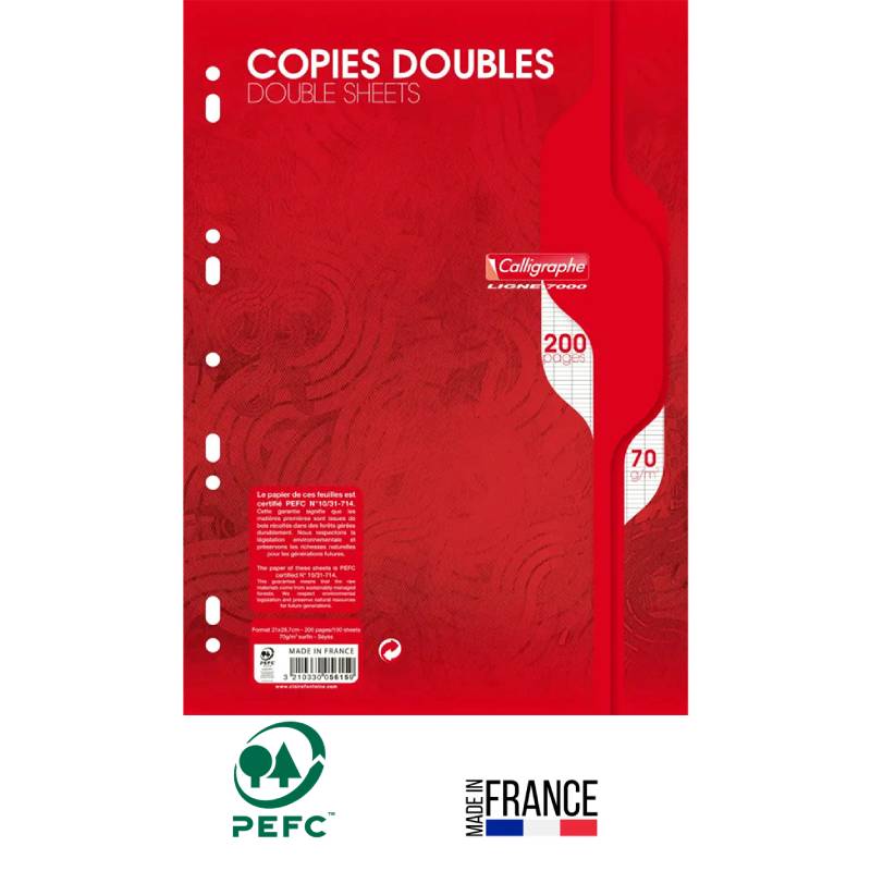 Copies Double CALLIGRAPHE Perforées Seyès 200 Pages A4 70G S/Film