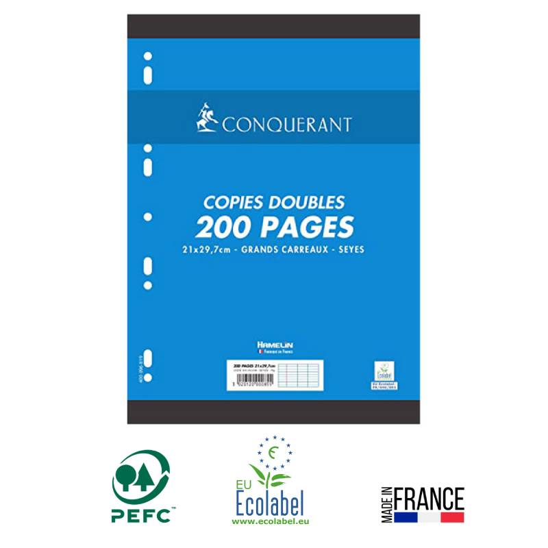 Copies Double CONQUERANT 200 pages 70Gr Grands Carreaux Seyès Perforées A4