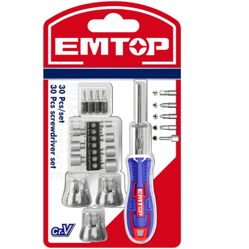 Jeu De 30 Tournevis Cliquet Emtop EBST03006 Silver