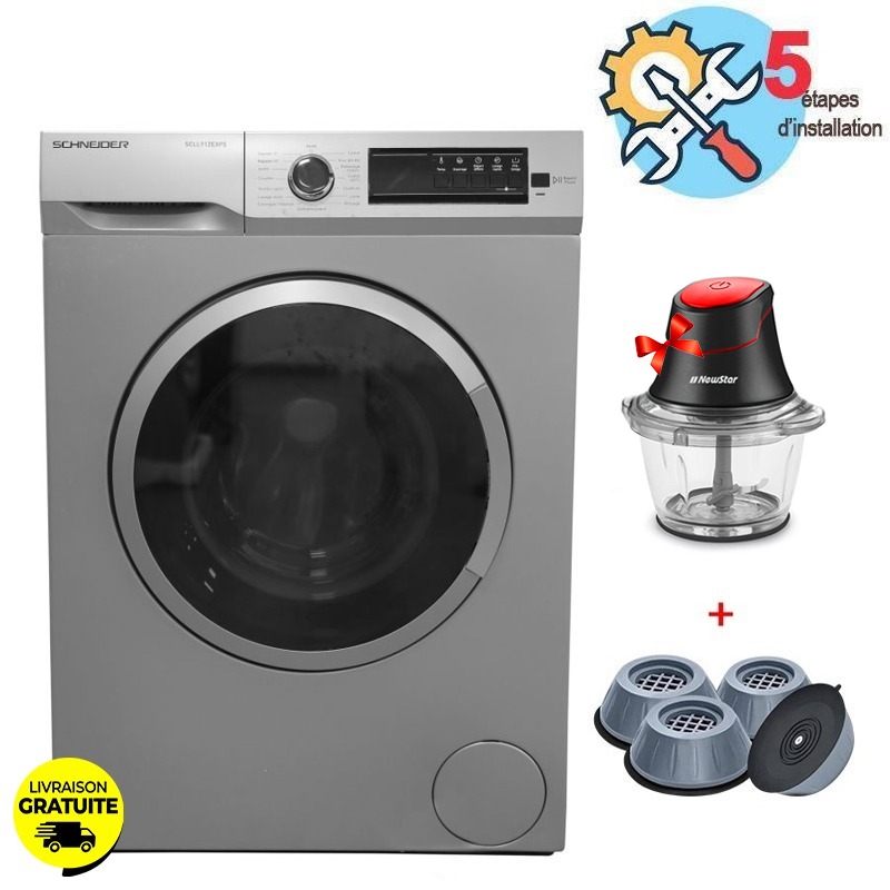 Lave linge Frontal SCHNEIDER SCLL810EXPS 8Kg + Pack 4 Tampons + Mini Hachoir Électrique