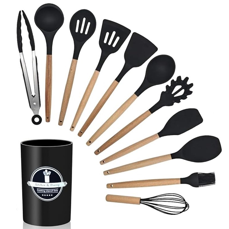 Lot De 12 Ustensiles De Cuisine En Silicone - Noir