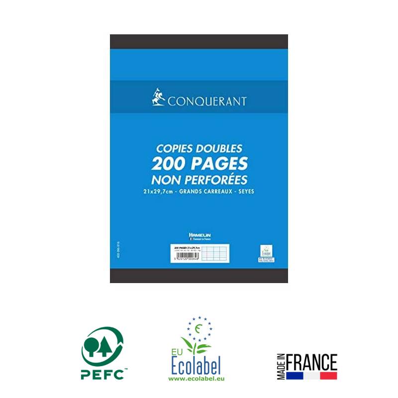 Lot de 200 pages copies doubles CONQUERANT 70Gr Grands Carreaux Seyès Non Perforées A4