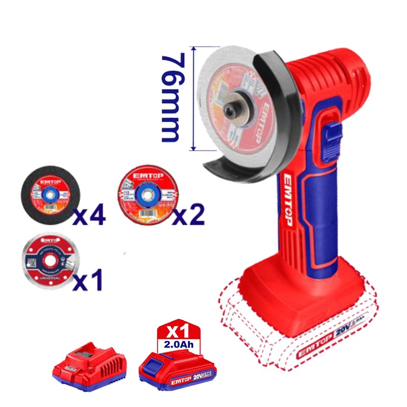 Meule à Disque EMTOP ELAG76017 20V 2AH + 7 Disques 76 mm