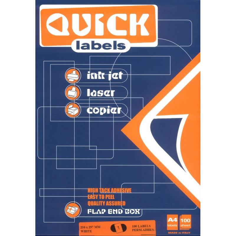 Paquet de 100 étiquettes QUICK LABELS A4 210 x 297 mm