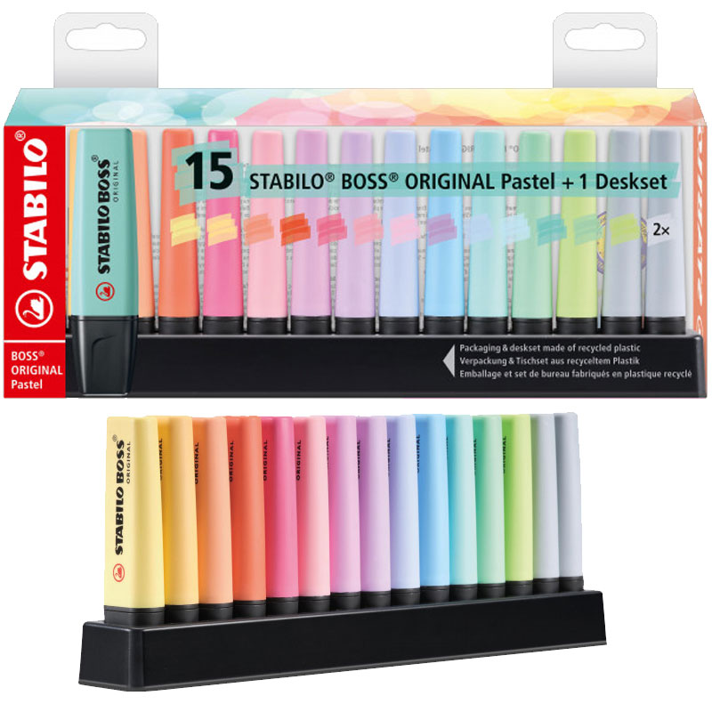 Set De Bureau de 15 Surligneurs STABILO BOSS Original - Couleurs Pastel