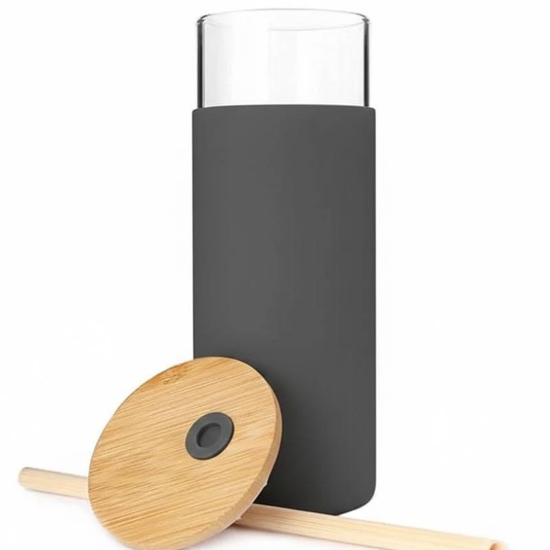 Tasse En Verre Avec Couvercle et Paille - Gris foncé