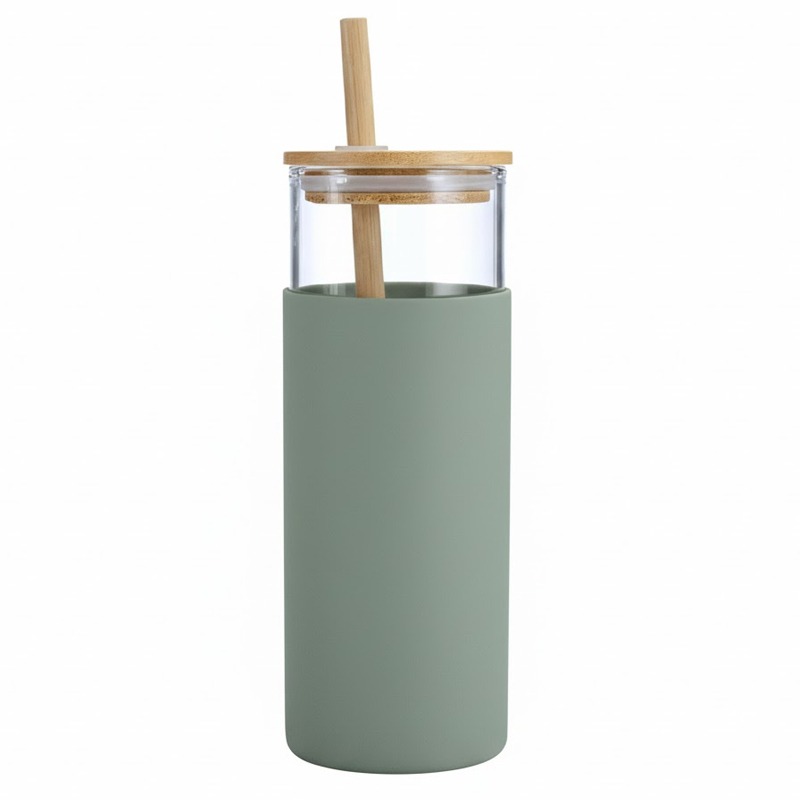 Tasse  En Verre Avec Couvercle et Paille - Vert