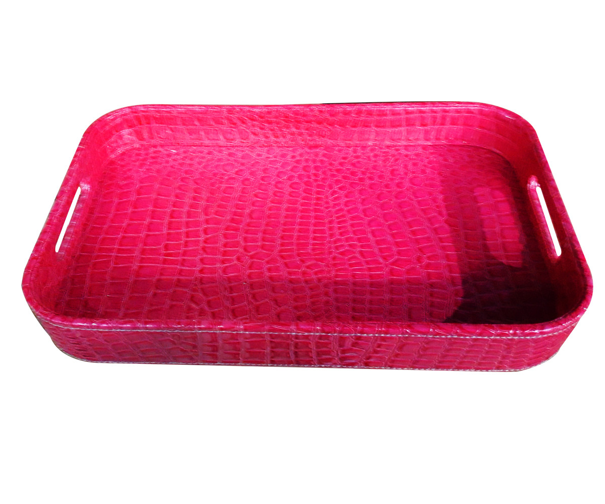 Set de 2 plateaux rectangulaires en cuir croco Fushia