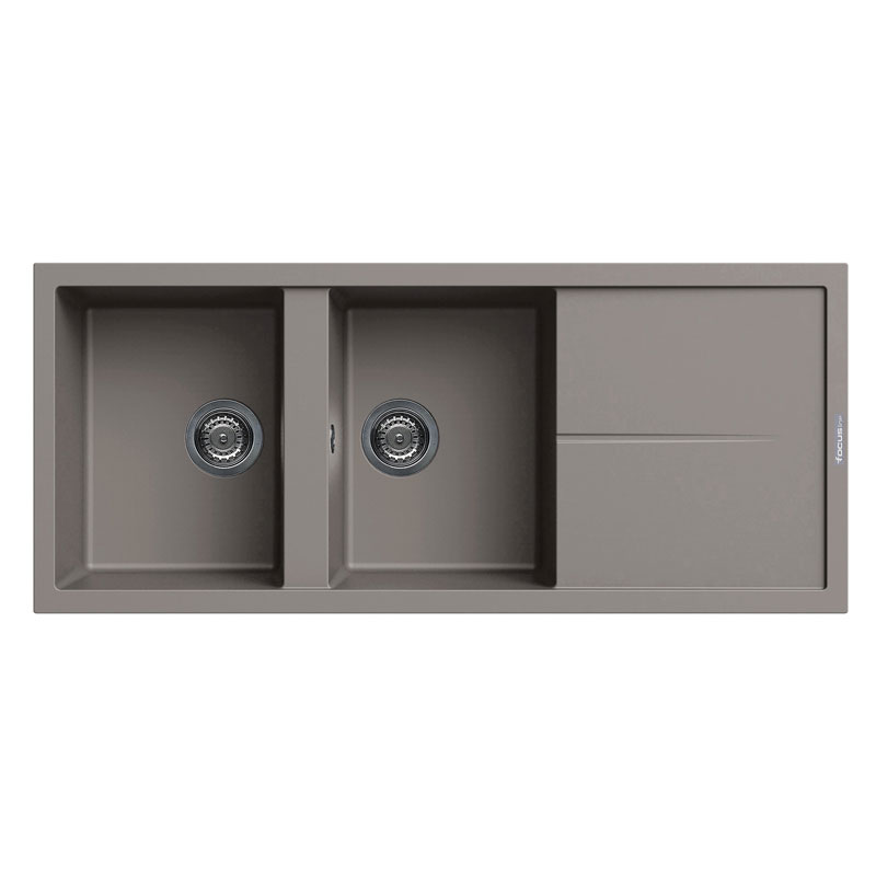 Évier De Cuisine FOCUS Encastrable Graniteck 2 Bacs + Égouttoir - Grège