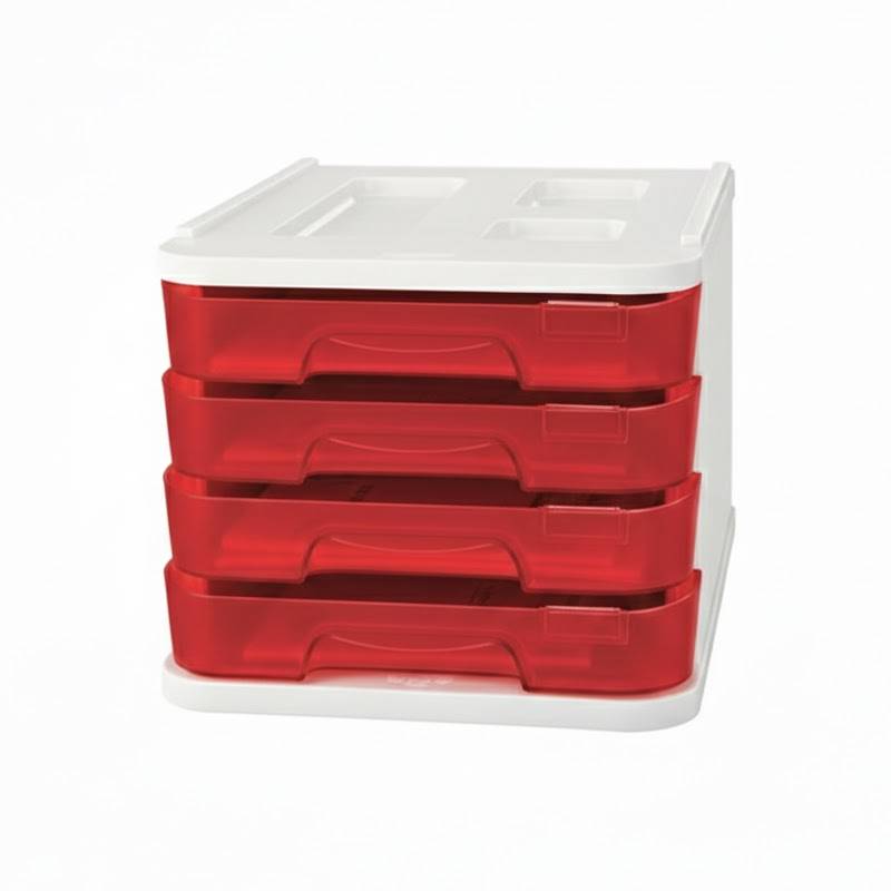 Bloc 4 Tiroirs Faibo Transparent Avec Porte‑Étiquette - Rouge