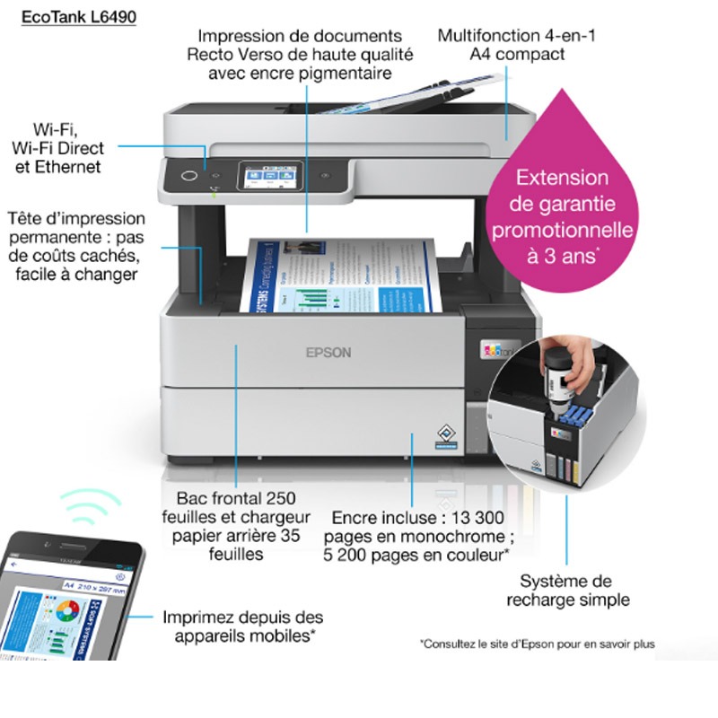 Imprimante EPSON ECOTANK L6490 à Réservoir intégré 4en1 Couleur Wifi - Image 7