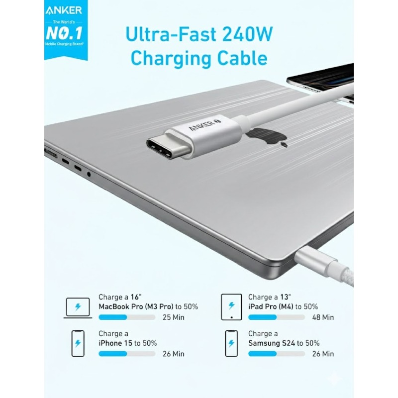 Câble De Charge Anker Zolo 240W USB-C Vers USB-C - Blanc - Image 2