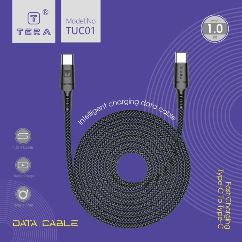 Câble De Charge tressé en PVC TERA Type-C vers Type-C - Noir - Image 2