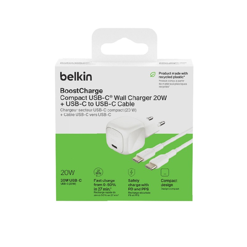 Chargeur BELKIN BoostCharge 20W Avec Câble USB-C Vers USB-C - Blanc - Image 3