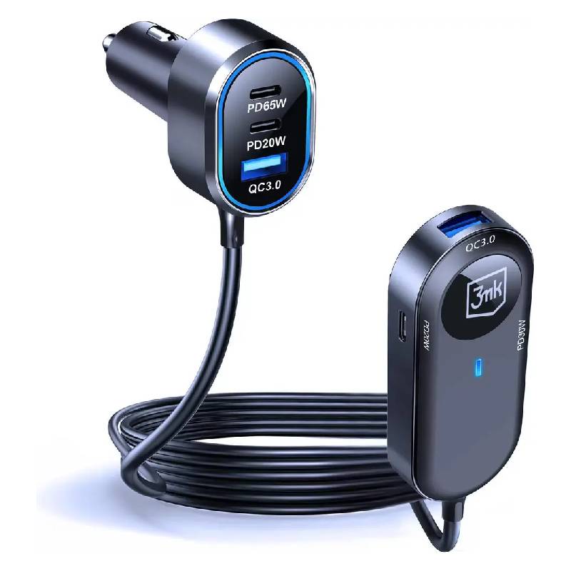Chargeur de voiture double 3MK 135 W PD QC PPS USB-C USB-A - Noir