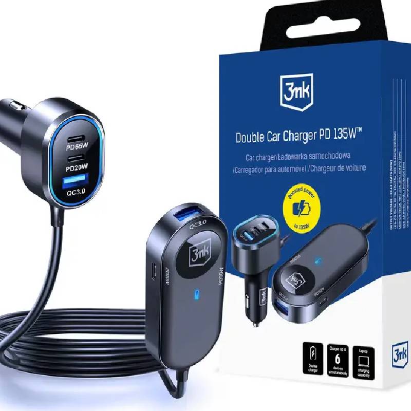 Chargeur de voiture double 3MK 135 W PD QC PPS USB-C USB-A - Noir - Image 4