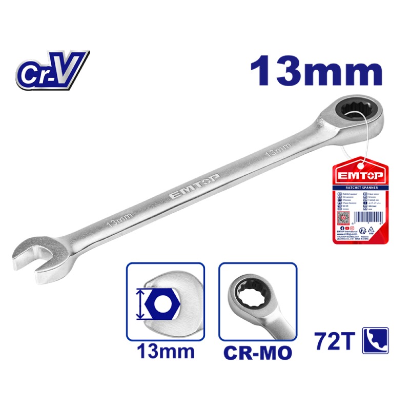 Clé Mixte a Cliquet T Fixe 13mm EMTOP - ECSPAR131 - Image 3