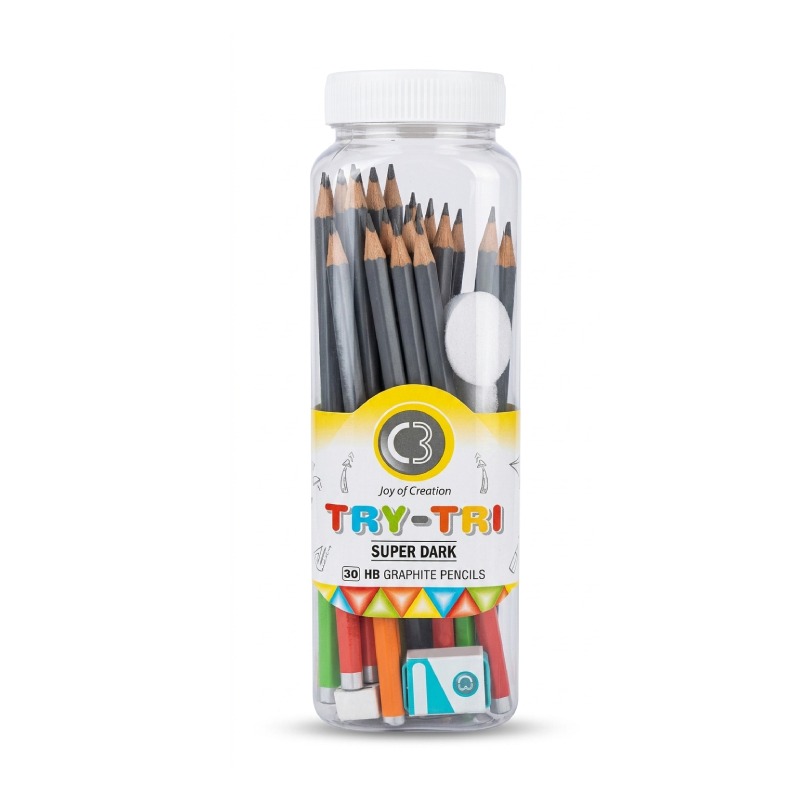 Crayon Graphite TRY-TRI JARRE 30PC + Gomme + Taille a Crayon