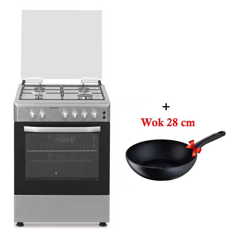 Brandt BGE6241X - Cuisinière mixte, 4 feux gaz, four électrique ventilé, gril semi-fonte, sécurité thermocouple, tiroir chauffe-plat, Photo boutique MyTek chez MyTek