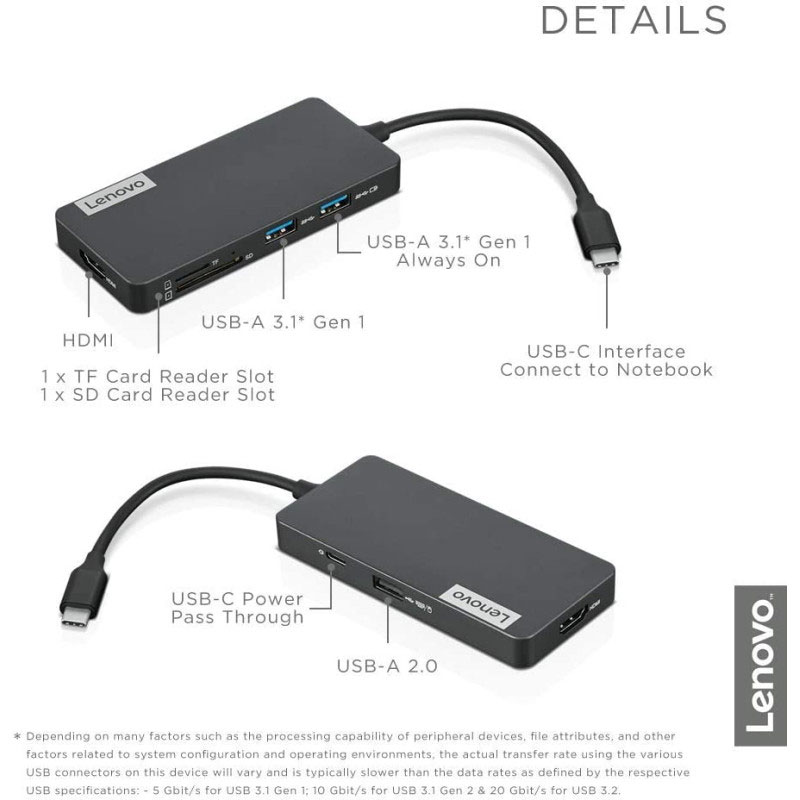 HUB USB-C LENOVO 7 Ports - Noir - Image 4