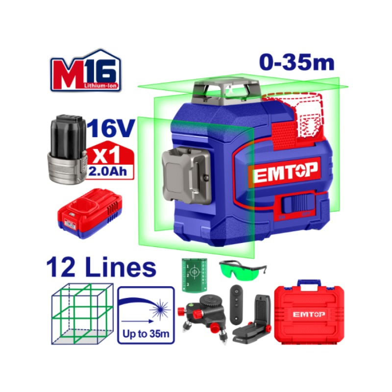 Niveau Laser EMTOP ESLE12301 16V 12 Lignes  Vert 35 Mètres