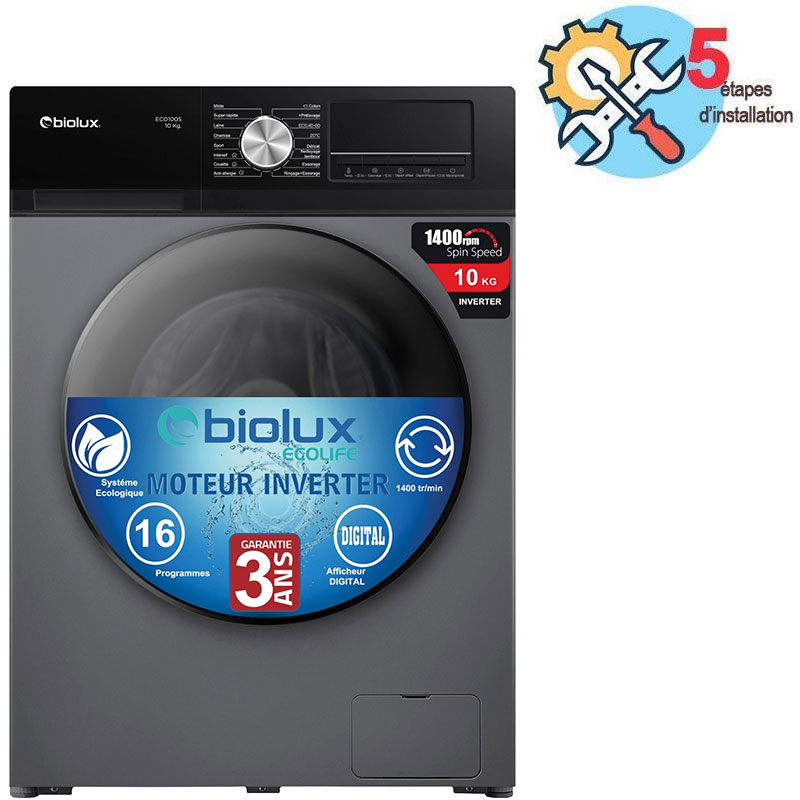 Lave Linge Frontal BIOLUX ECO 100 S 10Kg - Acier Noir