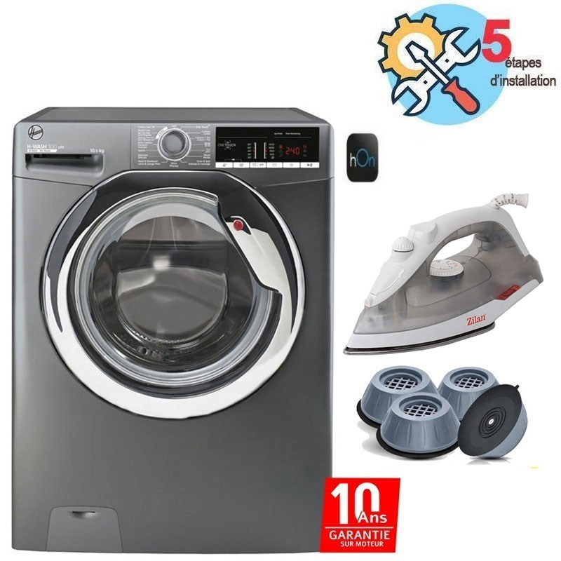 Lave Linge Frontal HOOVER H3WS4105TCGE-04 10.5 Kg + Pack 4 Tampons + Fer à repasser FLORIA