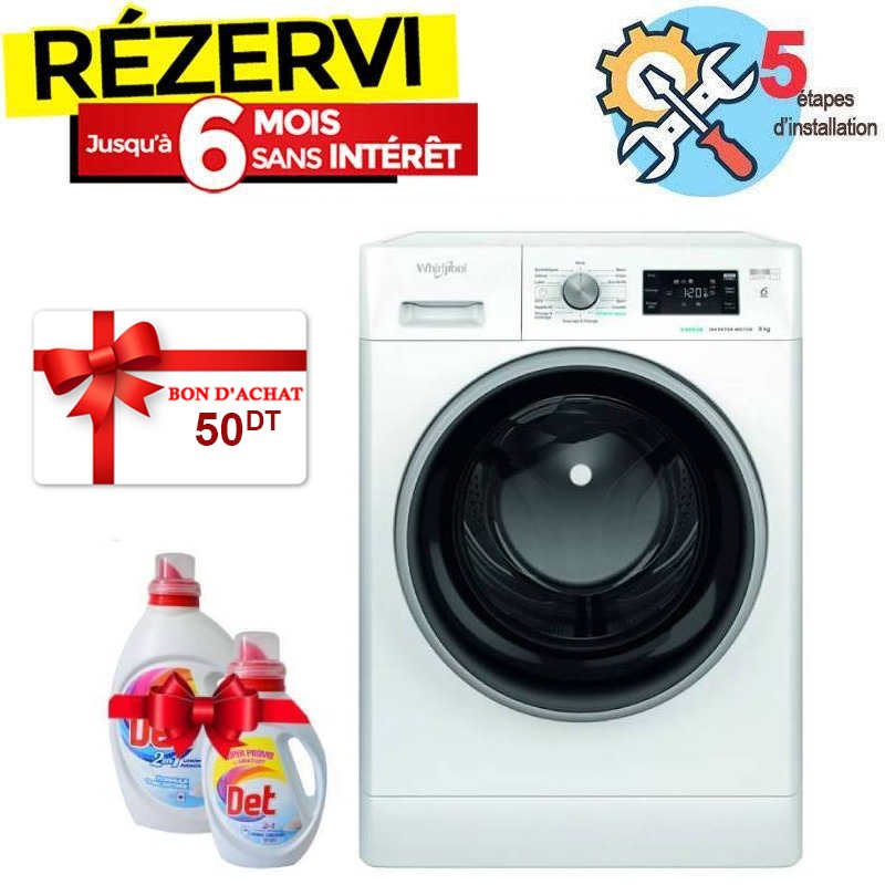 Lave Linge Whirlpool Hublot, 8 kg, 1200 Tours/min, 6ème sens, Blanc, FFWB 8248 WBS V NA, Photo boutique MyTek chez MyTek
