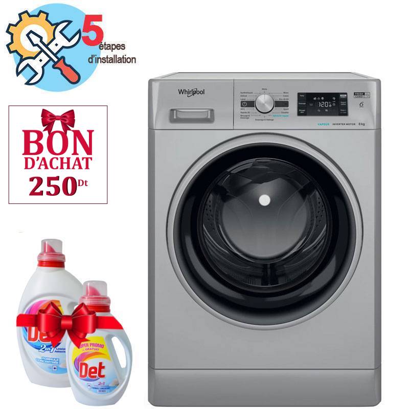 Lave Linge Whirlpool Hublot, 8kg, 1200Tours/min, 6ème sens, Silver, FFWB 8248 SBS V NA, Photo boutique MyTek chez MyTek