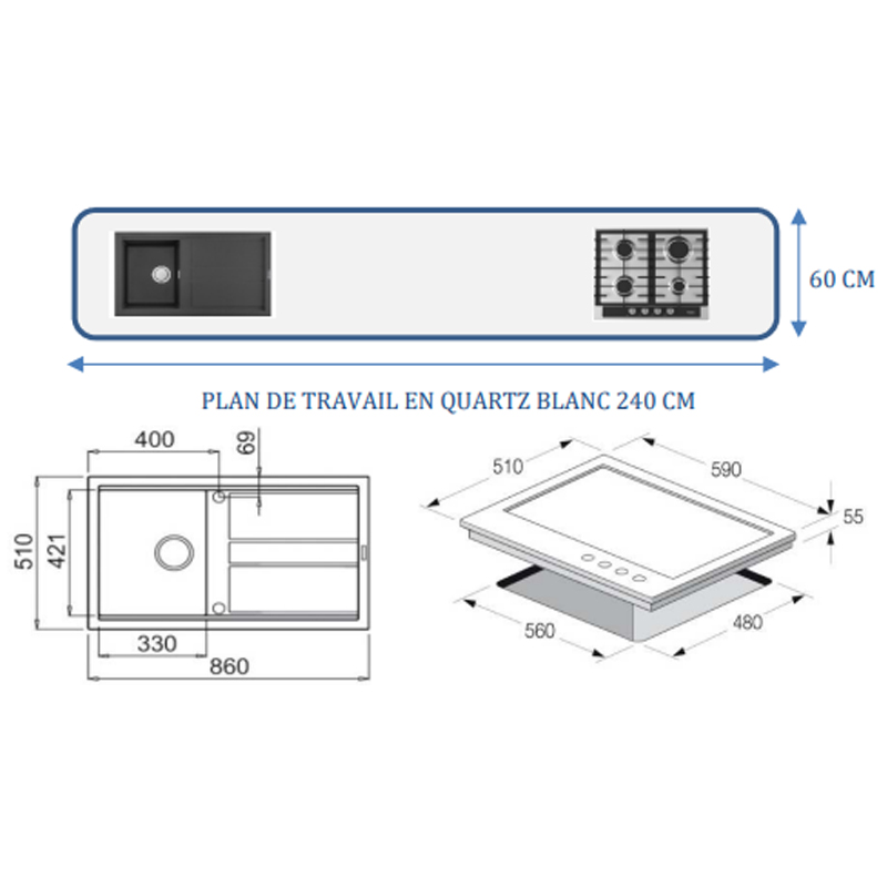 Meuble De Cuisine VEGA 8 Éléments Avec Plan De Travail - Blanc/Chéne - Image 3