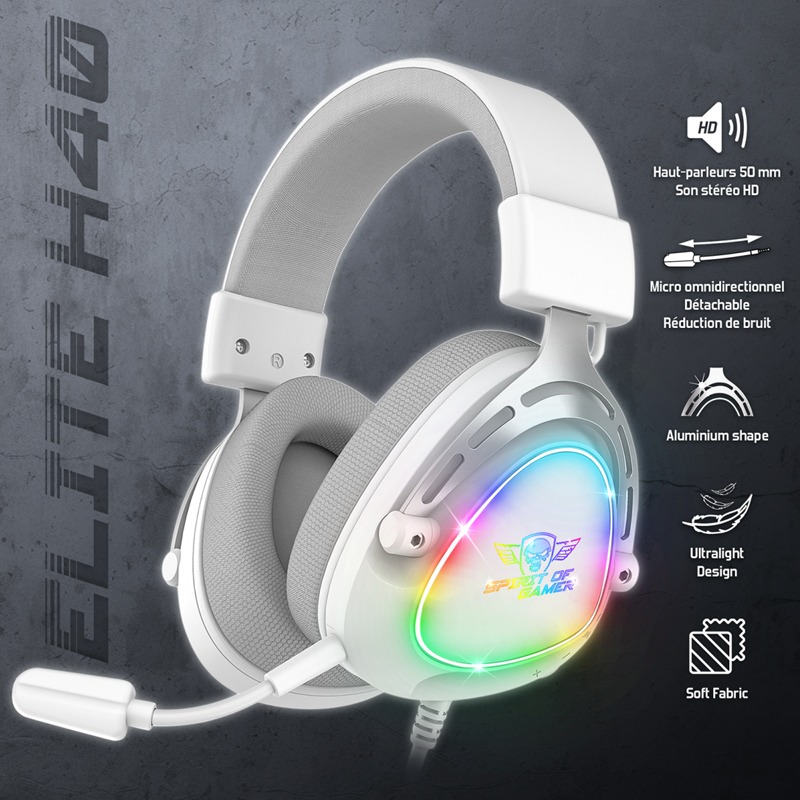 Micro Casque Gamer Filaire SPIRIT OF GAMER ELITE H40 ARTIC RGB - Blanc - Image 3