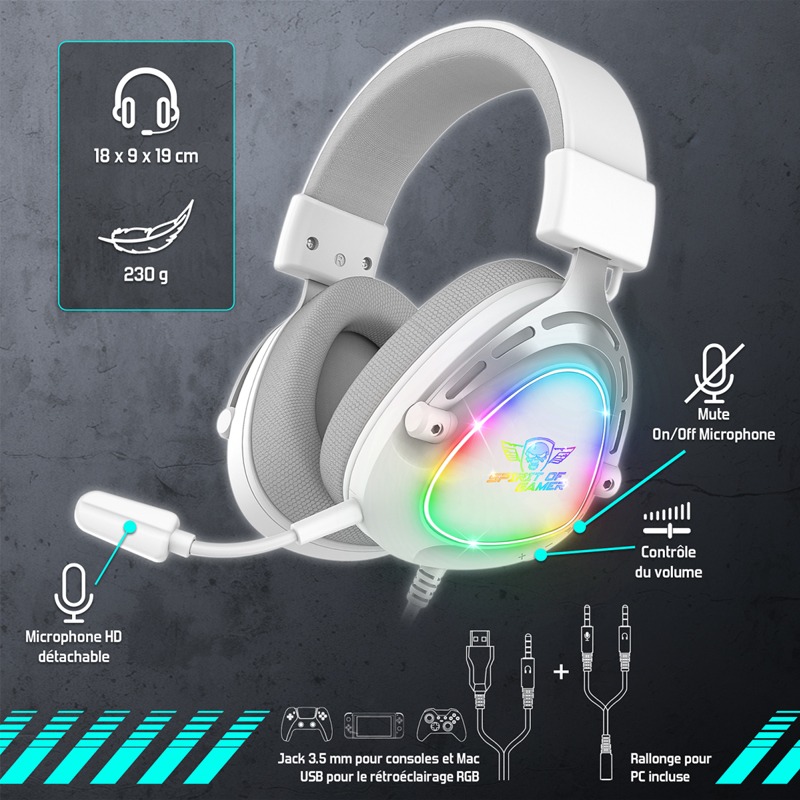 Micro Casque Gamer Filaire SPIRIT OF GAMER ELITE H40 ARTIC RGB - Blanc - Image 7