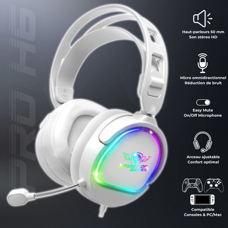 Micro Casque Gamer Filaire SPIRIT OF GAMER PRO H6 ARTIC RGB - Blanc - Image 2
