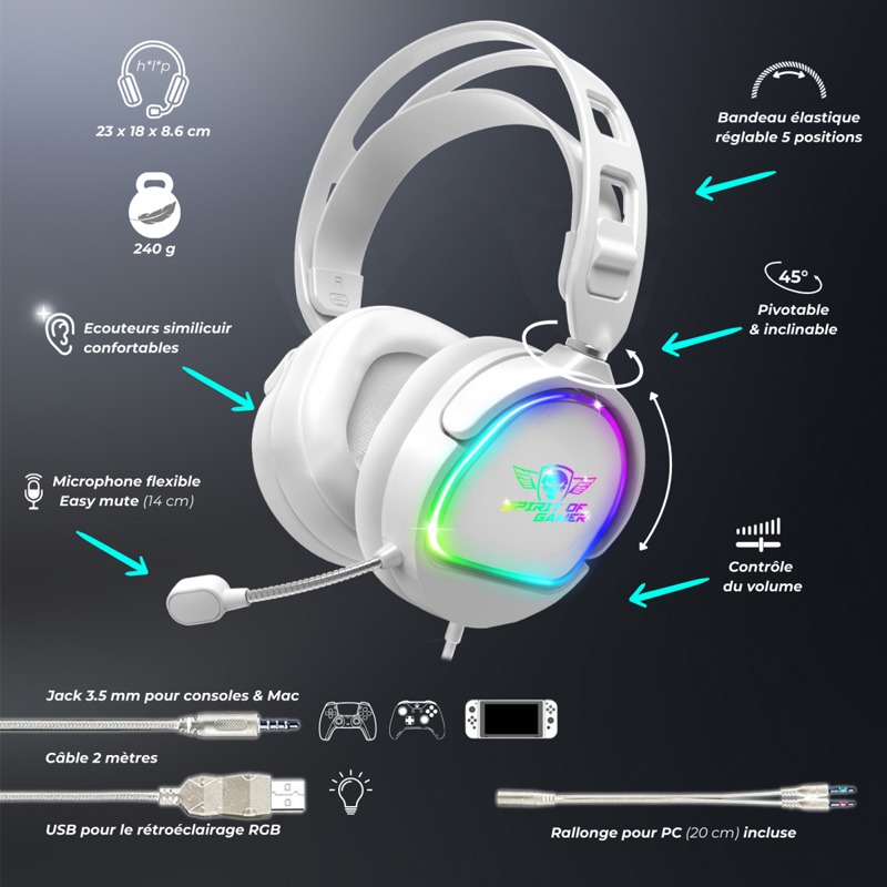 Micro Casque Gamer Filaire SPIRIT OF GAMER PRO H6 ARTIC RGB - Blanc - Image 5