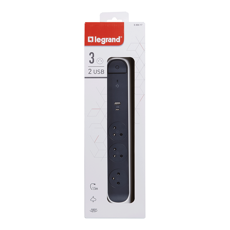 Multiprise LEGRAND 3*2P+T Parafoudre USB A+C 1.5M - Image 2