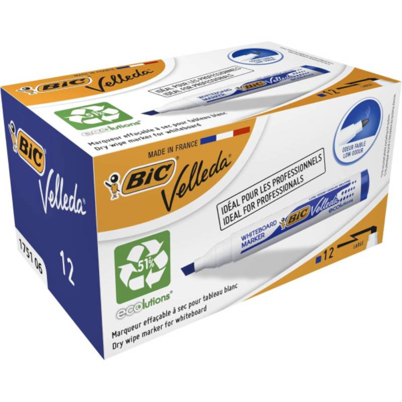 Pack de 12 Marqueurs BIC Velleda 1751 Bleu Effaçable - 751066