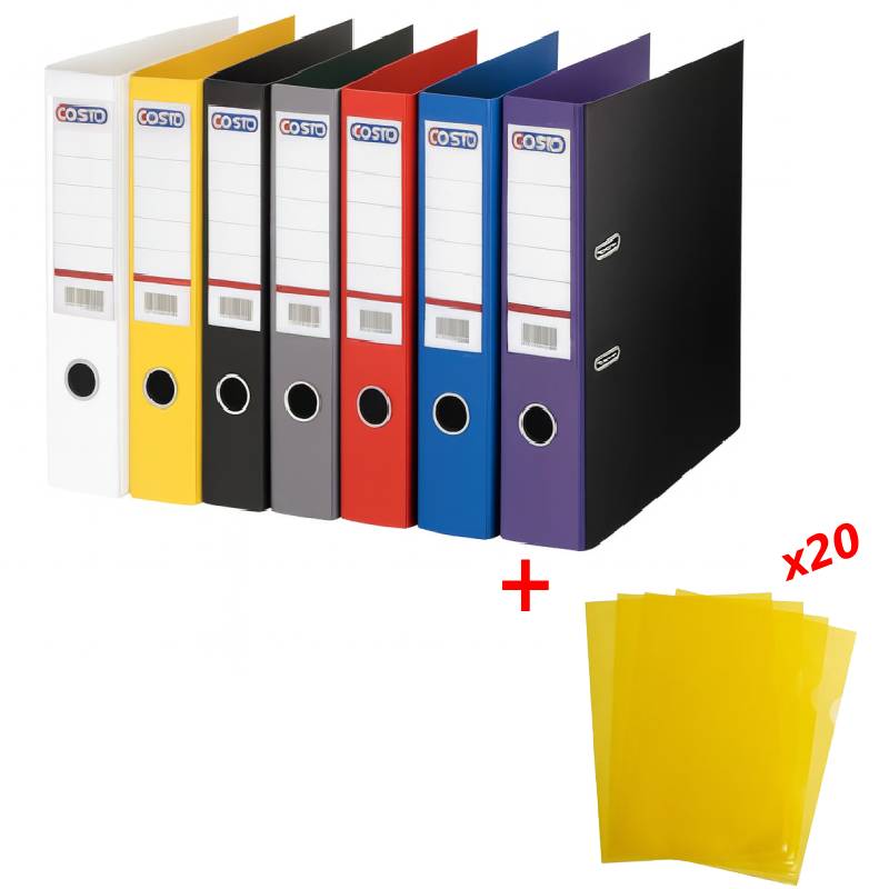 Pack de 7 Classeurs A Levier COSTO Pro D75 Assortis Avec 20 Pochettes Gratuits